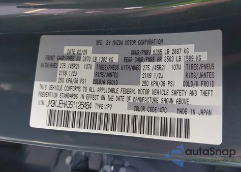 2025 Mazda Cx-70 Premium Plus Package from USA, damaged, VIN JM3KJEHA3S1126454